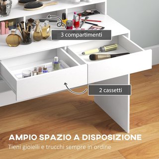 Specchio per trucco con 10 luci LED regolabili in 3 colori, tavolo per trucco con 2 cassetti e 3 scomparti, per camera da letto, 80X40X135 cm, bianco