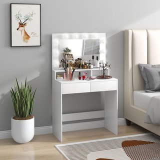 Specchio per trucco con 10 luci LED regolabili in 3 colori, tavolo per trucco con 2 cassetti e 3 scomparti, per camera da letto, 80X40X135 cm, bianco