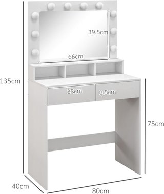 Specchio per trucco con 10 luci LED regolabili in 3 colori, tavolo per trucco con 2 cassetti e 3 scomparti, per camera da letto, 80X40X135 cm, bianco