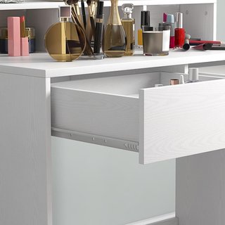 Specchio per trucco con 10 luci LED regolabili in 3 colori, tavolo per trucco con 2 cassetti e 3 scomparti, per camera da letto, 80X40X135 cm, bianco