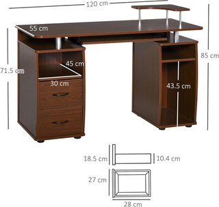 Scrivania moderna per computer con cassetti, scrivania salvaspazio con libreria, ripiano estraibile e supporto per tastiera, 120X55X85Cm, marrone
