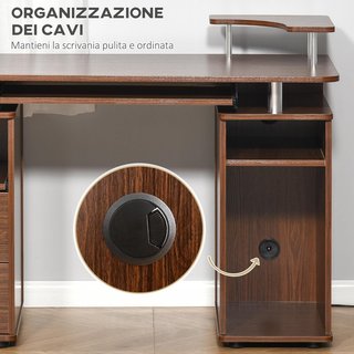 Scrivania moderna per computer con cassetti, scrivania salvaspazio con libreria, ripiano estraibile e supporto per tastiera, 120X55X85Cm, marrone