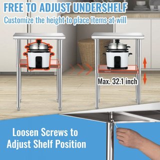 Mesa de Preparación de Acero Inoxidable, 61 x 46 x 91 cm, Capacidad de Carga de 272 kg Mesa de Trabajo de Metal de Alta Resistencia con Estante Inferior y Pies Ajustables, Estación de Trabajo Come...