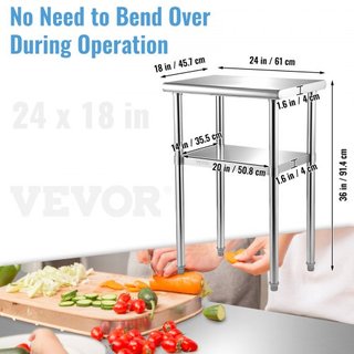 Mesa de Preparación de Acero Inoxidable, 61 x 46 x 91 cm, Capacidad de Carga de 272 kg Mesa de Trabajo de Metal de Alta Resistencia con Estante Inferior y Pies Ajustables, Estación de Trabajo Come...