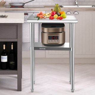 Mesa de Preparación de Acero Inoxidable, 61 x 46 x 91 cm, Capacidad de Carga de 272 kg Mesa de Trabajo de Metal de Alta Resistencia con Estante Inferior y Pies Ajustables, Estación de Trabajo Come...