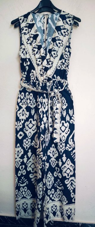 Tuta cotone fantasia blu e beige