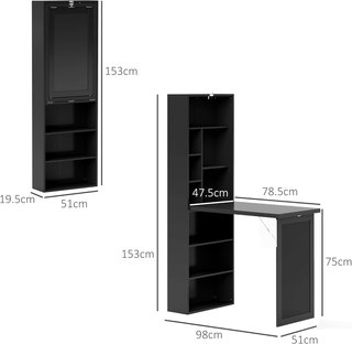 Scrivania con Libreria e Lavagna, Scrivania Pieghevole con Piano in Legno di Pino, Scrivania con Scaffali Regolabili, per Camera, Studio, Ufficio, 98X51X153 Cm, Nero