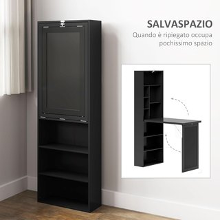 Scrivania con Libreria e Lavagna, Scrivania Pieghevole con Piano in Legno di Pino, Scrivania con Scaffali Regolabili, per Camera, Studio, Ufficio, 98X51X153 Cm, Nero