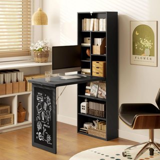Scrivania con Libreria e Lavagna, Scrivania Pieghevole con Piano in Legno di Pino, Scrivania con Scaffali Regolabili, per Camera, Studio, Ufficio, 98X51X153 Cm, Nero