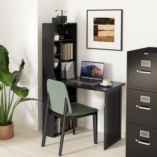 Scrivania con Libreria e Lavagna, Scrivania Pieghevole con Piano in Legno di Pino, Scrivania con Scaffali Regolabili, per Camera, Studio, Ufficio, 98X51X153 Cm, Nero