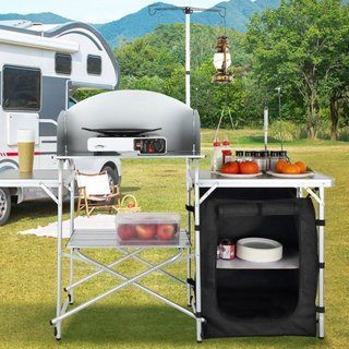Mesa de Cocina para Camping Plegable Portátil con 1 Armario y Paravientos
