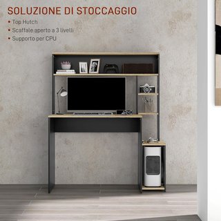 Scrivania da Ufficio e Studio con 3 Ripiani, Scrivania in Legno con Supporto per CPU, 114X45X138Cm, Grigio e Legno Naturale