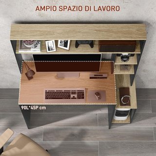 Scrivania da Ufficio e Studio con 3 Ripiani, Scrivania in Legno con Supporto per CPU, 114X45X138Cm, Grigio e Legno Naturale