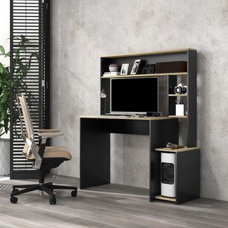 Scrivania da Ufficio e Studio con 3 Ripiani, Scrivania in Legno con Supporto per CPU, 114X45X138Cm, Grigio e Legno Naturale