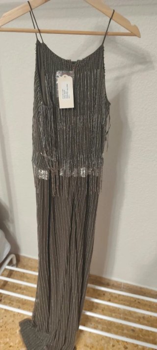 Vestido de fiesta lentejuelas verde oliva y plata