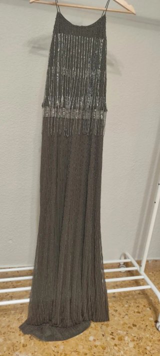 Vestido de fiesta lentejuelas verde oliva y plata