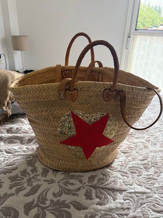 Bolso de paja grande con corazón y estrella