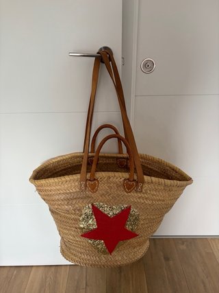 Bolso de paja grande con corazón y estrella
