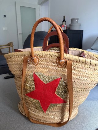 Bolso de paja grande con corazón y estrella
