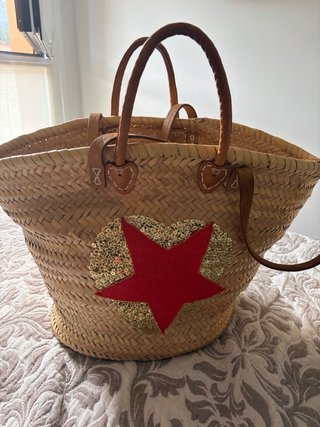Bolso de paja grande con corazón y estrella