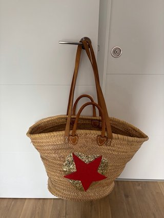 Bolso de paja grande con corazón y estrella
