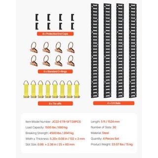 Kit de rieles de sujeción E Track, 30PCS, juego de E-Tracks de 152.4 cm incluye 4 rieles de acero y 2 ranuras simples y 8 anillos en O y 8 puntos de amarre con D-Ring y 8 tapas finales, accesorios...