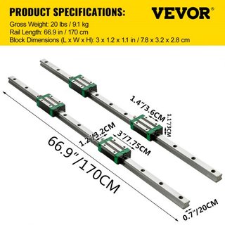 3PCS Riel Lineal 2-167.6 cm(0.78-66 Pulgadas), Cojinetes y Rieles Lineales con 4PCS Bloque de Cojinete HSR20, Rieles de Deslizamiento de Movimiento Lineal para Routers CNC, Torno, Fresadoras, Kit ...