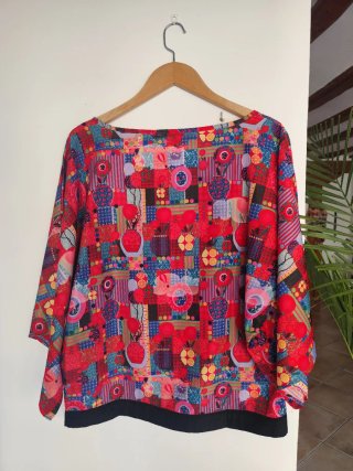 Blusa manga 3/4 estilo japonés patchwork