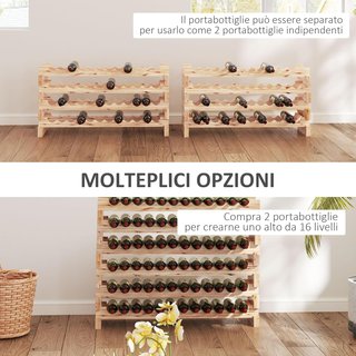 Scaffale per Bottiglie di Vino in Legno di Abete, Cantinetta con 8 Ripiani per 96 Bottiglie e Peso Massimo di 100 Kg, 114X28X113.5 Cm, Legno Naturale