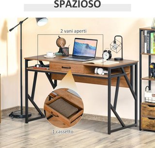 Scrivania Moderna in Metallo e MDF Stile Industriale, Ripiani e Cassetto per Casa e Ufficio, 120X60X76Cm Nero Marrone
