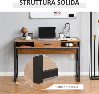 Scrivania Moderna in Metallo e MDF Stile Industriale, Ripiani e Cassetto per Casa e Ufficio, 120X60X76Cm Nero Marrone