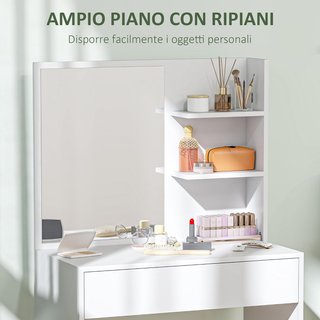 Toeletta Elegante con Ampio Cassetto Organizzatore, Stazione di Trucco con Specchio, 3 Ripiani, Stazione di Trucco per Camera da Letto, Moderna, 75X40X137 Cm, Bianco