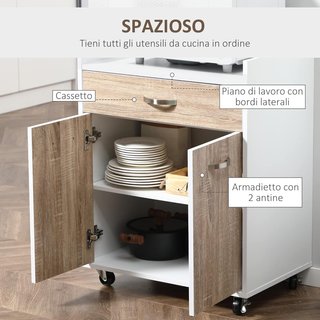 Carrito De Cocina Portacomidas Para Microondas Con Cajón Y Armario, Isla De Cocina De Madera Con 4 Ruedas Y Estante Regulable, 60X40X77 Cm, Roble