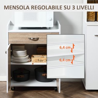 Carrito De Cocina Portacomidas Para Microondas Con Cajón Y Armario, Isla De Cocina De Madera Con 4 Ruedas Y Estante Regulable, 60X40X77 Cm, Roble