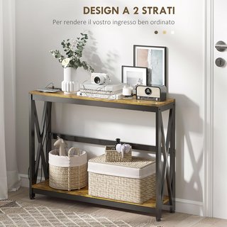 Consola de Entrada con Toma de Corriente y USB, Mesa Consola Ahorradora de Espacio de 2 Niveles en Estilo Industrial de Madera y Acero, 100X24X75Cm, Marrón