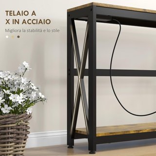 Consola de Entrada con Toma de Corriente y USB, Mesa Consola Ahorradora de Espacio de 2 Niveles en Estilo Industrial de Madera y Acero, 100X24X75Cm, Marrón