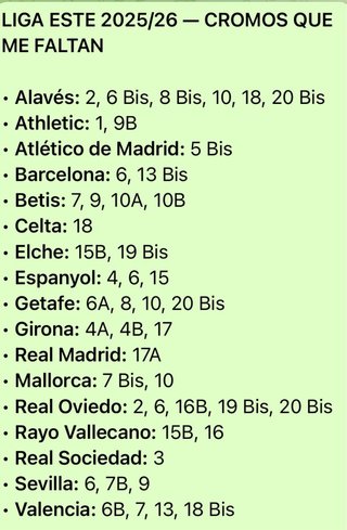 Cromos Faltantes Liga Este Panini 25-26