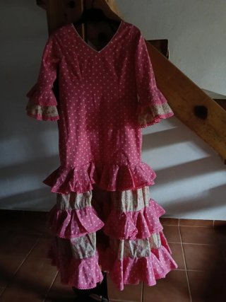 Traje de flamenca niña rosa lunares, talla 7,8...