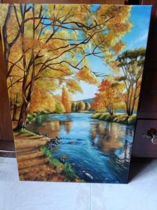 Cuadro al óleo paisaje río otoño