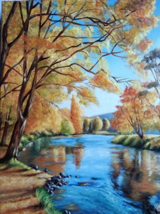 Cuadro al óleo paisaje río otoño