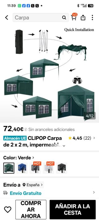 Carpa CLIPOP Verde 2x2m Impermeable