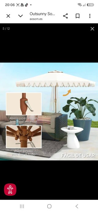Sombrilla de jardín beige con volantes