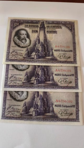 Billetes 100 pesetas 1928 (3 unidades) correlativo