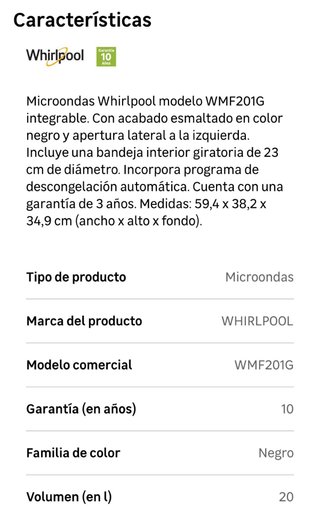 Microondas Whirlpool WMF201 Grill (219€en tienda)