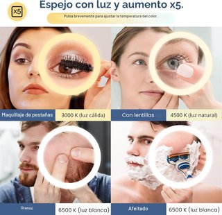 Espejo de baño con luz LED y aumento 5X STARLEAD.