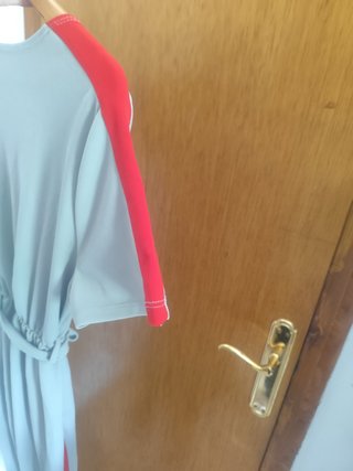 Mono gris con detalles rojos