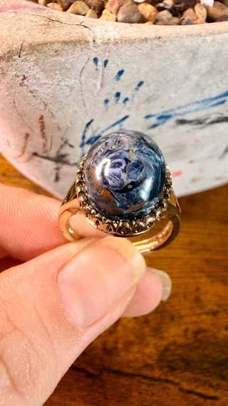 Anillo Plata 925 Dorada con Pietersita Azul