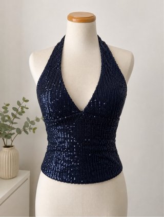 Top de lentejuelas azul marino Bershka – Talla S