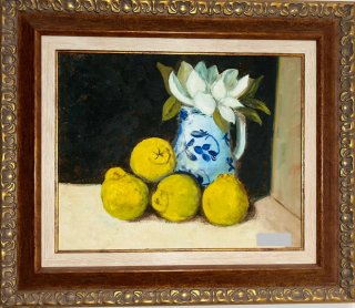 Cuadro al óleo: Jarra con flores y limones