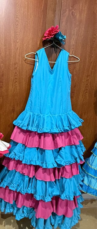 Traje Flamenca Azul y Rosa Volantes